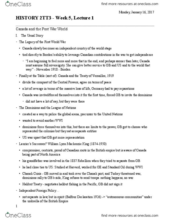 HISTORY 2TT3 Lecture Notes - Lecture 8: William Lyon Mackenzie King, Chanak Crisis, Privy Council Of The United Kingdom thumbnail
