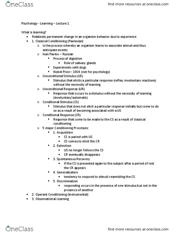 PSY 100 Lecture Notes - Lecture 1: Operant Conditioning, Observational Learning thumbnail