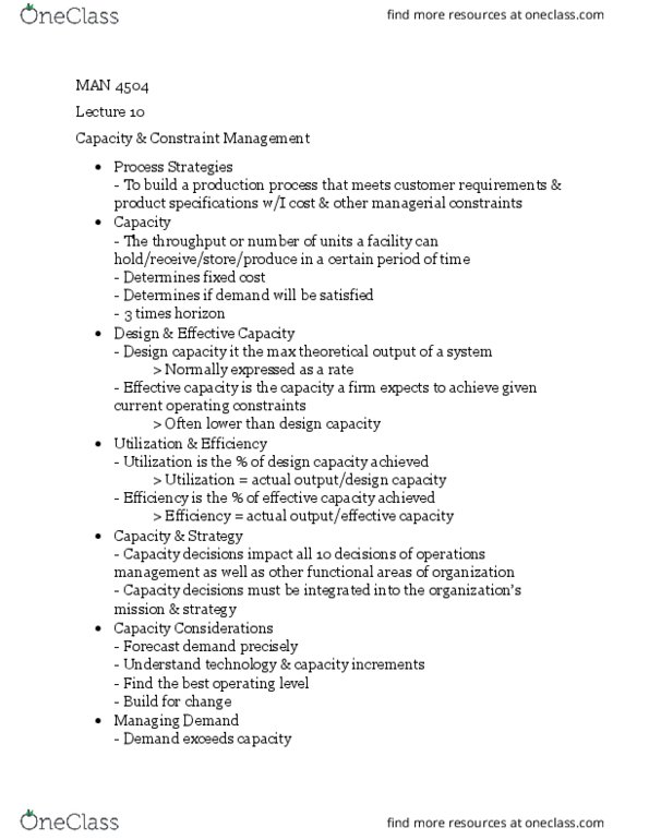 MAN 4504 Lecture Notes - Lecture 10: Capacity Management, Operations Management, Fixed Cost thumbnail