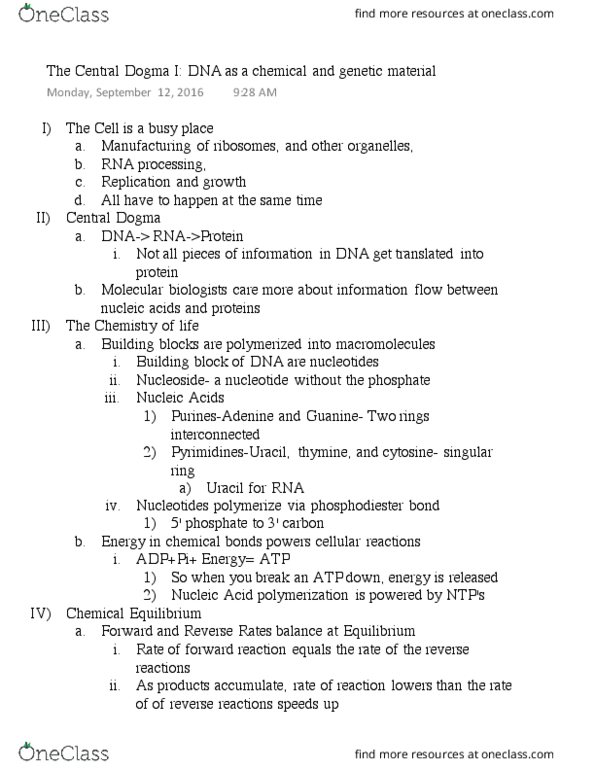 BIOL-UA 21 Lecture Notes - Lecture 1: Phosphodiester Bond, Chemical Equilibrium, Hydrogen Bond thumbnail