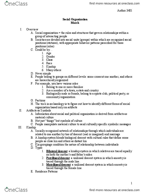 ANTHROP 3401 Lecture Notes - Lecture 10: Unilineality, Patrilineality, Matrilocal Residence thumbnail