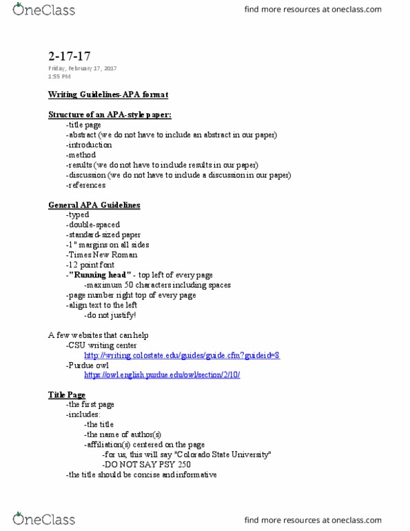 PSY 250 Lecture Notes - Lecture 19: Online Writing Lab, Times New Roman, Writing Center thumbnail