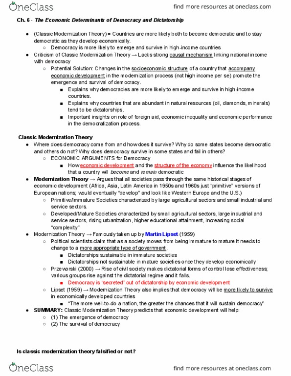 PSC 3304 Chapter Notes - Chapter 6: Modernization Theory, Gross Domestic Product, Adam Przeworski thumbnail