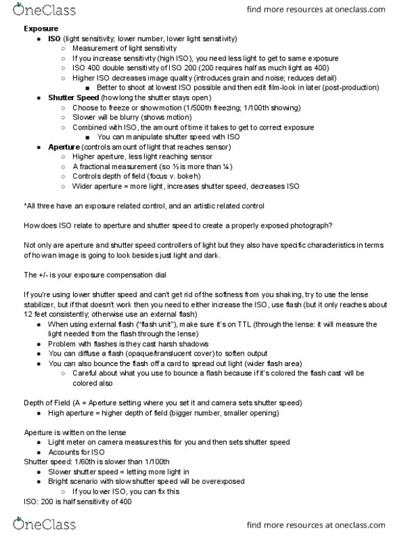 JOU 3355 Lecture Notes - Lecture 2: Shutter Speed, Exposure Compensation, Bokeh thumbnail