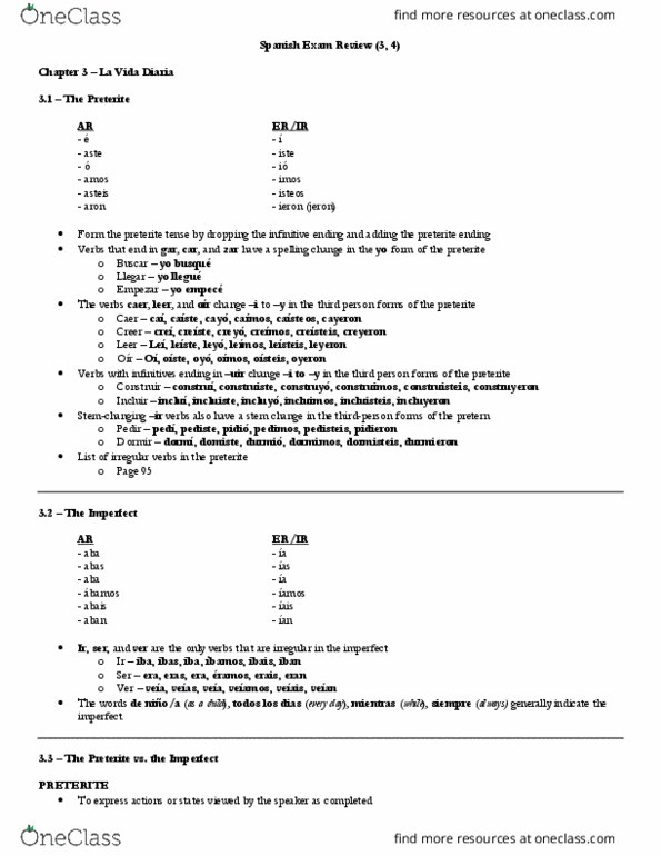 SPA 2310 Chapter Notes - Chapter 3-4: Preterite, Vayas, Dependent Clause thumbnail