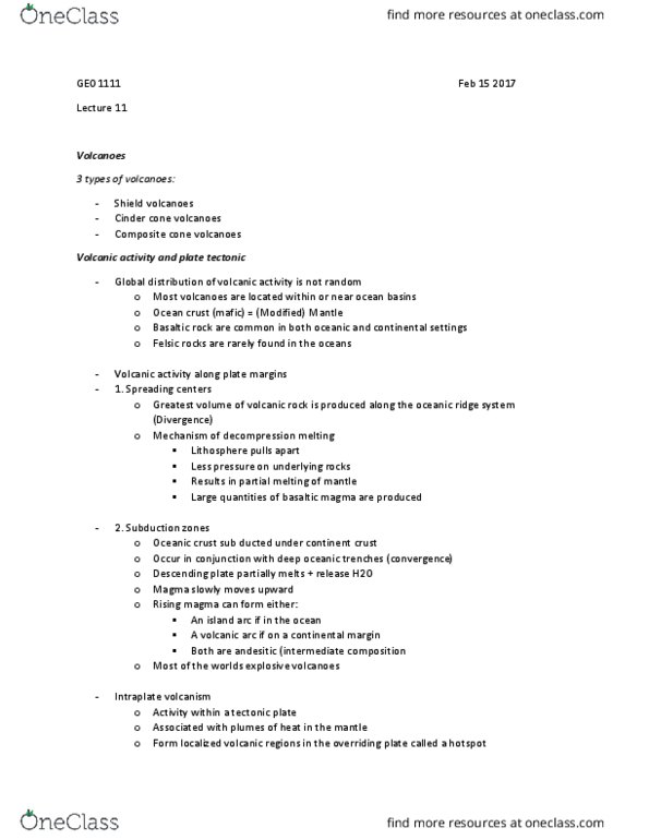 GEO 1111 Lecture Notes - Lecture 11: Cinder Cone, Volcanic Arc, Igneous Rock thumbnail