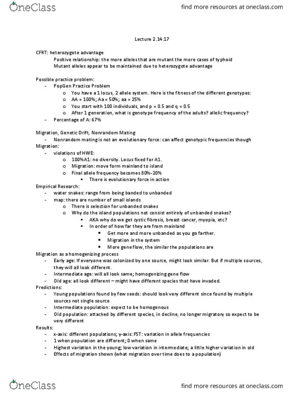 EE BIOL 185 Lecture Notes - Lecture 14: Allele Frequency, Heterozygote Advantage, Genetic Drift thumbnail