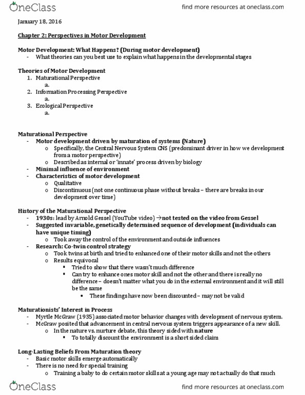 Kinesiology 3347A/B Lecture Notes - Lecture 2: Central Nervous System, Motor Skill, Ecological Validity thumbnail