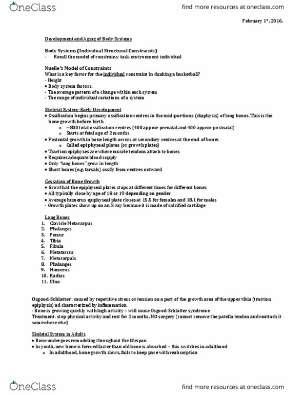 Kinesiology 3347A/B Lecture Notes - Lecture 9: Epiphyseal Plate, Hip Fracture, Ossification thumbnail