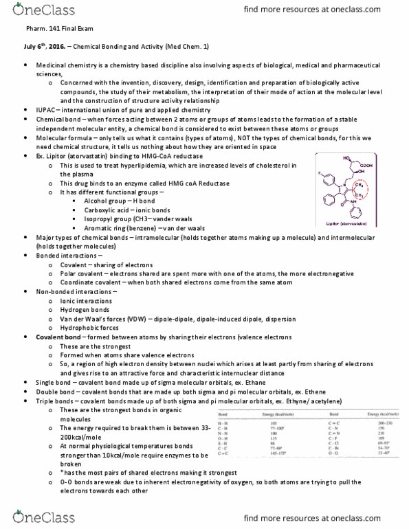 PHARM141 Lecture Notes - Lecture 1: Coordinate Covalent Bond, Heterocyclic Amine, Ionic Bonding thumbnail