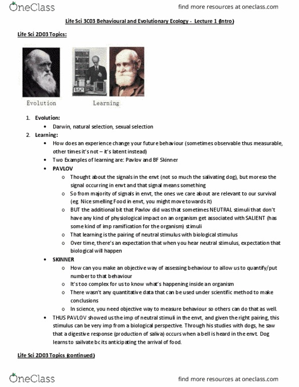 LIFESCI 3C03 Lecture Notes - Lecture 1: Butyric Acid, B. F. Skinner, Behavioral Ecology thumbnail