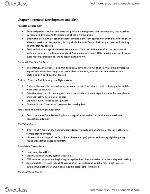 PSY 213 Chapter Notes - Chapter 4: Fetal Alcohol Spectrum Disorder, Prenatal Development, Neural Tube Defect thumbnail