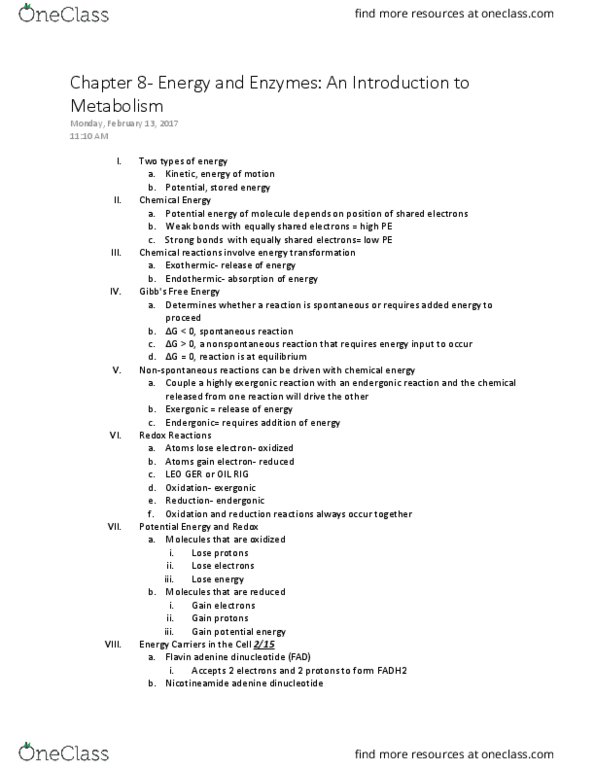 BIOL 118 Lecture Notes - Lecture 5: Exergonic Reaction, Endergonic Reaction, Exergonic Process thumbnail