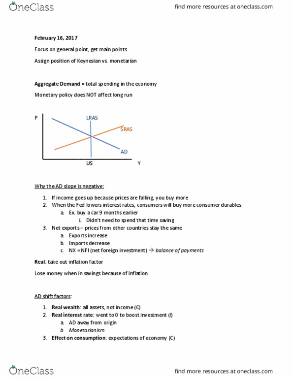 ECON 200 Lecture Notes - Lecture 10: Real Interest Rate, Monetary Policy, Aggregate Demand thumbnail