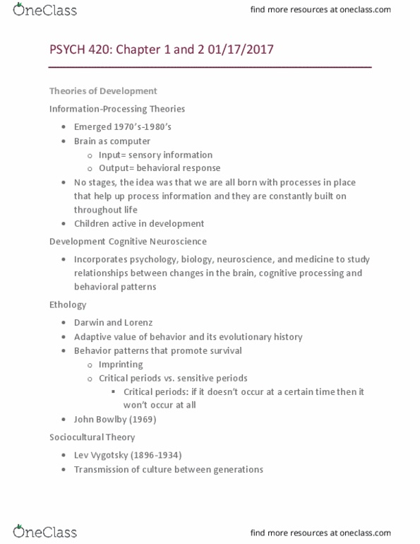 PSYC 420 Lecture Notes - Lecture 1: Urie Bronfenbrenner, Lev Vygotsky, Ecological Systems Theory thumbnail