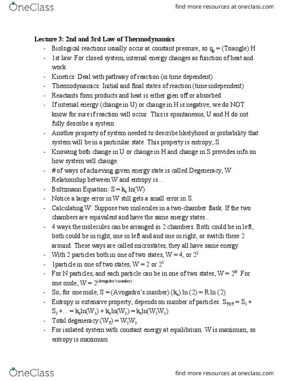 CHEM 14B Lecture Notes - Lecture 3: Residual Entropy, Boltzmann Equation, Thermodynamics thumbnail