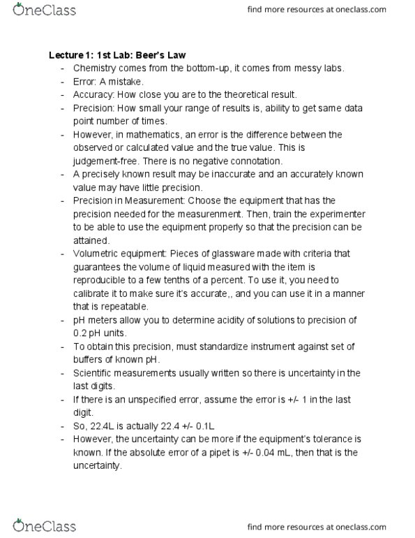 CHEM 14BL Lecture Notes - Lecture 1: Approximation Error, Molar Concentration, Molality thumbnail