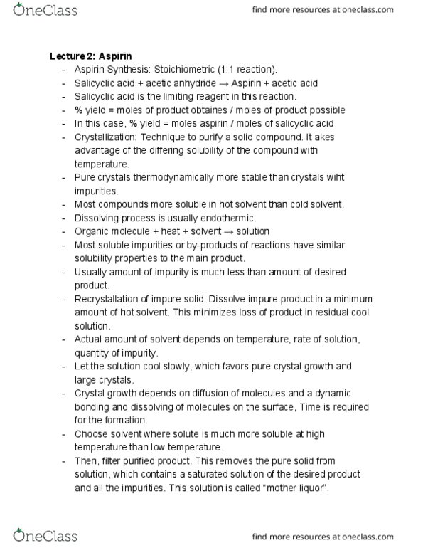 CHEM 14BL Lecture Notes - Lecture 2: Salicylic Acid, Acetic Anhydride, Crystal Growth thumbnail