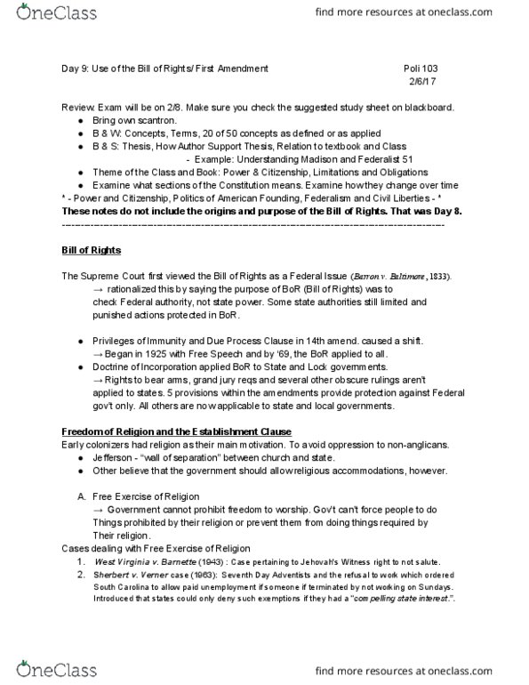 POLI 103 Lecture Notes - Lecture 9: Establishment Clause, Scantron Corporation, Blackboard thumbnail