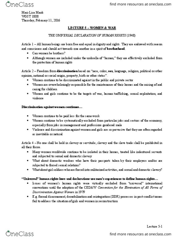 WGST 1808 Lecture Notes - Lecture 5: Universal Declaration Of Human Rights, Mank, Wgst thumbnail