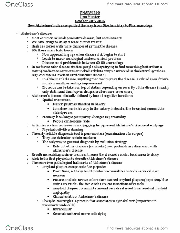 PHAR 200 Lecture Notes - Lecture 6: Cerebral Amyloid Angiopathy, Amyloid, Mild Cognitive Impairment thumbnail