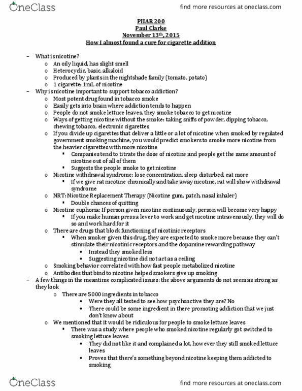 PHAR 200 Lecture Notes - Lecture 8: Nicotine Replacement Therapy, Nicotine Withdrawal, Nicotinic Acetylcholine Receptor thumbnail