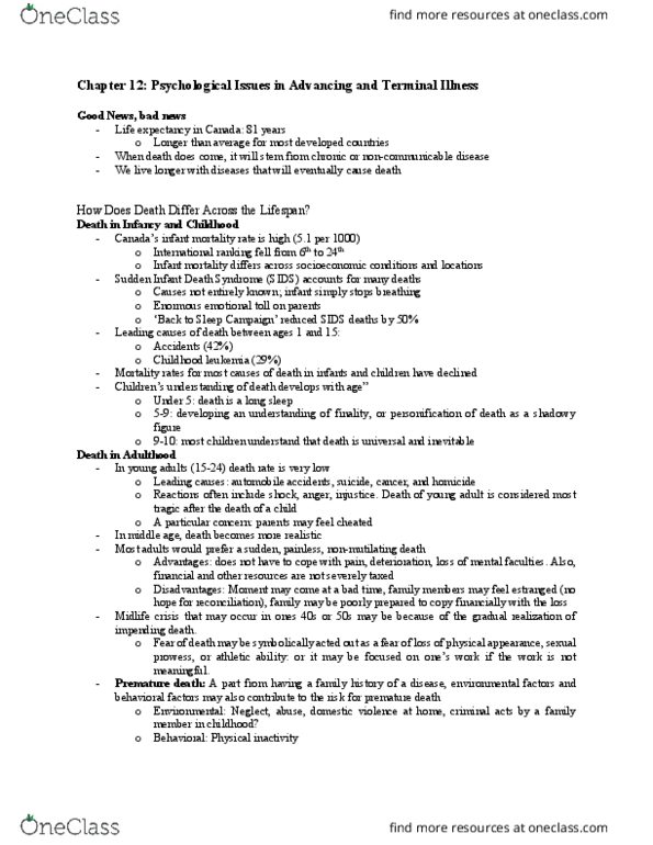 PSYC 328 Chapter Notes - Chapter 12: Sudden Infant Death Syndrome, Terminal Illness, Non-Communicable Disease thumbnail