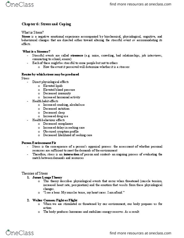 PSYC 328 Chapter Notes - Chapter 6: Allostatic Load, Sympathetic Nervous System, Walter Bradford Cannon thumbnail