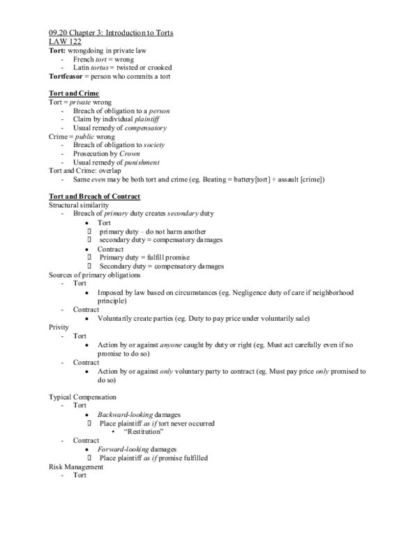 LAW 122 Lecture : Introduction to Torts thumbnail