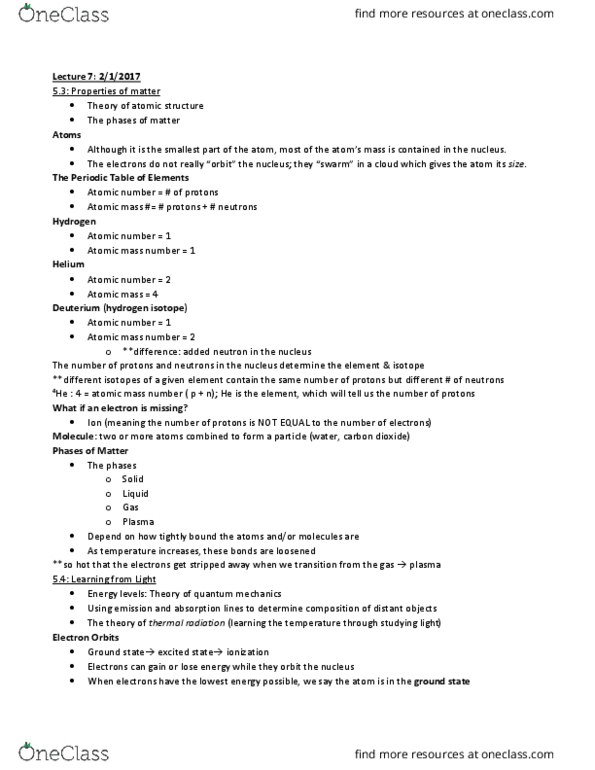 ASTR-1010 Lecture Notes - Lecture 7: Mass Number, Atomic Mass, Atomic Number thumbnail