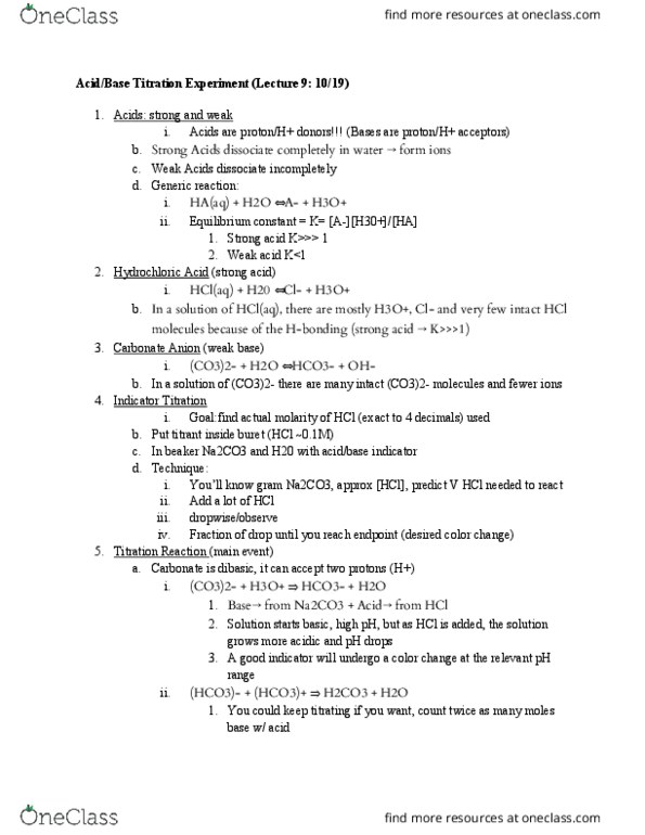 CHEM 1AL Lecture Notes - Lecture 4: Hydrochloric Acid, Acid Strength, Weak Base thumbnail