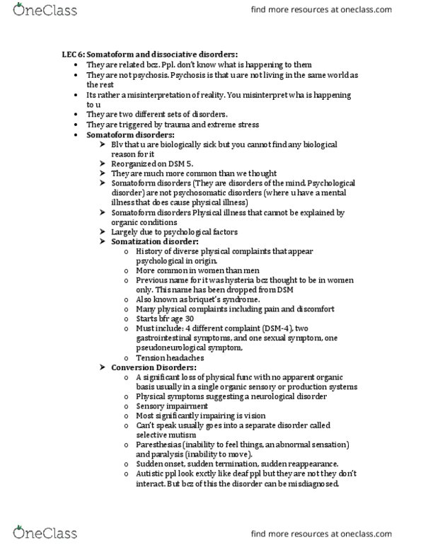 PSY340H5 Lecture Notes - Lecture 6: Somatic Symptom Disorder, Body Dysmorphic Disorder, Pain Disorder thumbnail