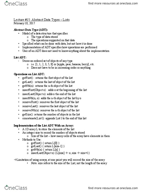 COMP 250 Lecture Notes - Lecture 15: Pseudocode, Linked List thumbnail