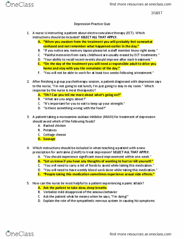 NURSE-3214 Lecture Notes - Lecture 5: Cottage Cheese, Monoamine Oxidase, Group Psychotherapy thumbnail