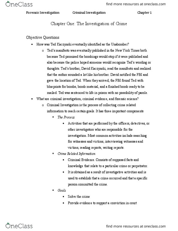 CJ 3405 Chapter Notes - Chapter 1: David Kaczynski, Forensic Science, Information Theory thumbnail