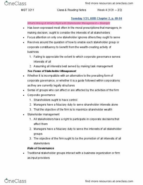 MGT 3211 Lecture Notes - Lecture 4: Fiduciary, Stakeholder Management, Task Management thumbnail