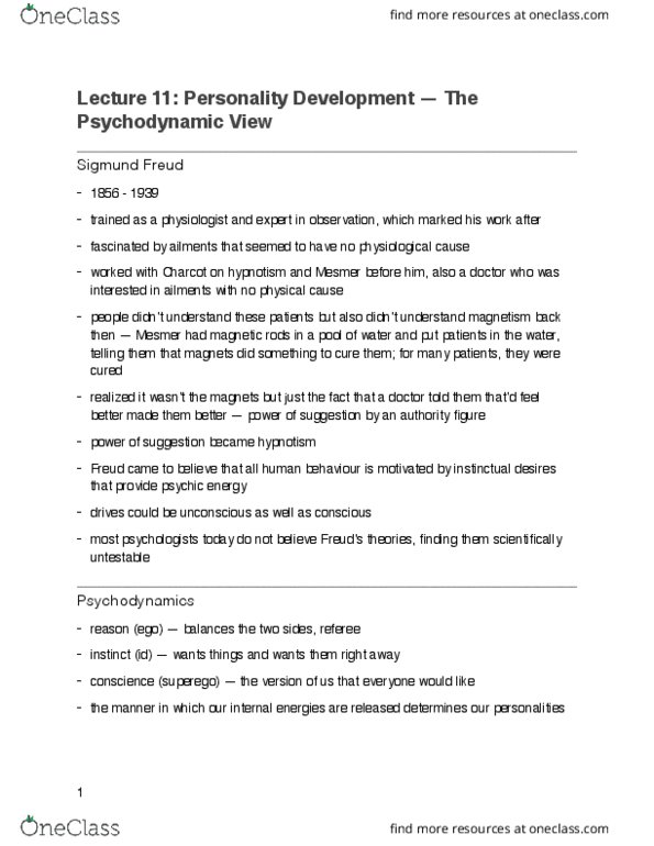 PSYA02H3 Lecture Notes - Lecture 11: Psychodynamics, Hypnosis, Reality Principle thumbnail