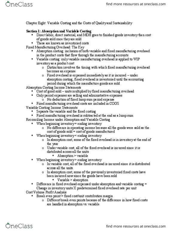 ACCT1022 Chapter Notes - Chapter 8: Total Absorption Costing, Expense, Management Accounting thumbnail