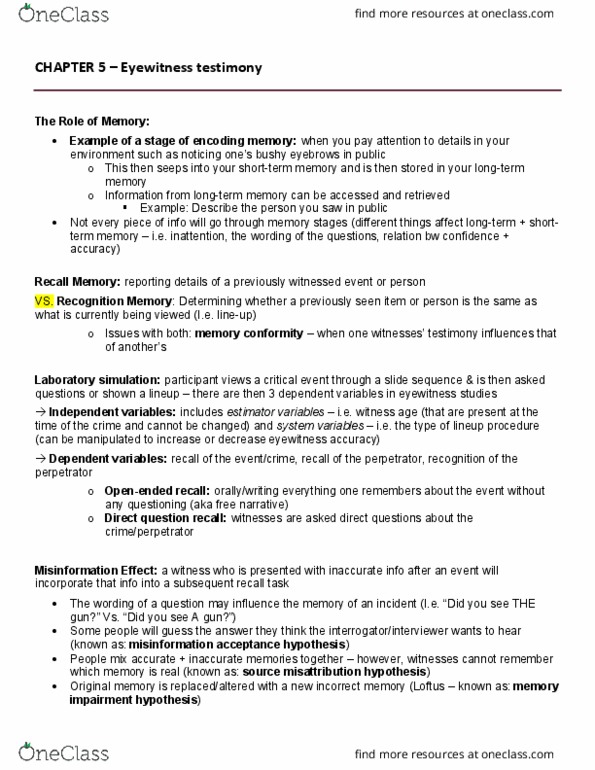 Psychology 2032A/B Chapter 5: CHAPTER 5 – Eyewitness testimony thumbnail