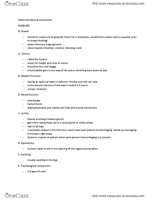 NURS 1000G Lecture Notes - Lecture 4: Breastfeeding, Urinary Retention, Colostrum thumbnail