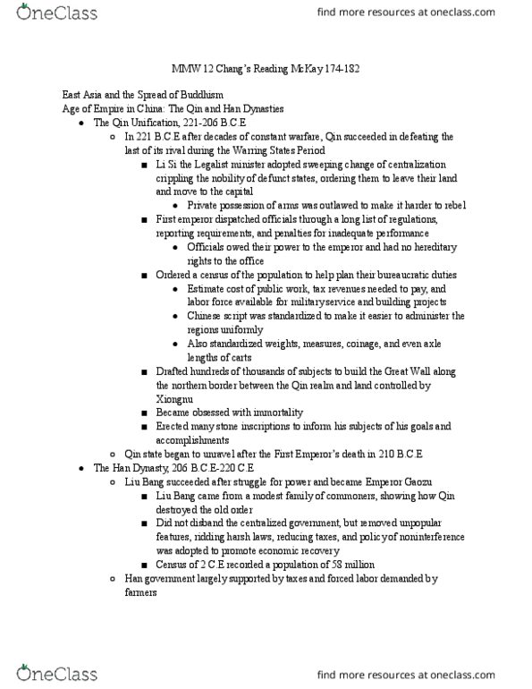 MMW 12 Chapter Notes - Chapter 174-182: Sima Qian, Han Dynasty, Nomadic Pastoralism thumbnail
