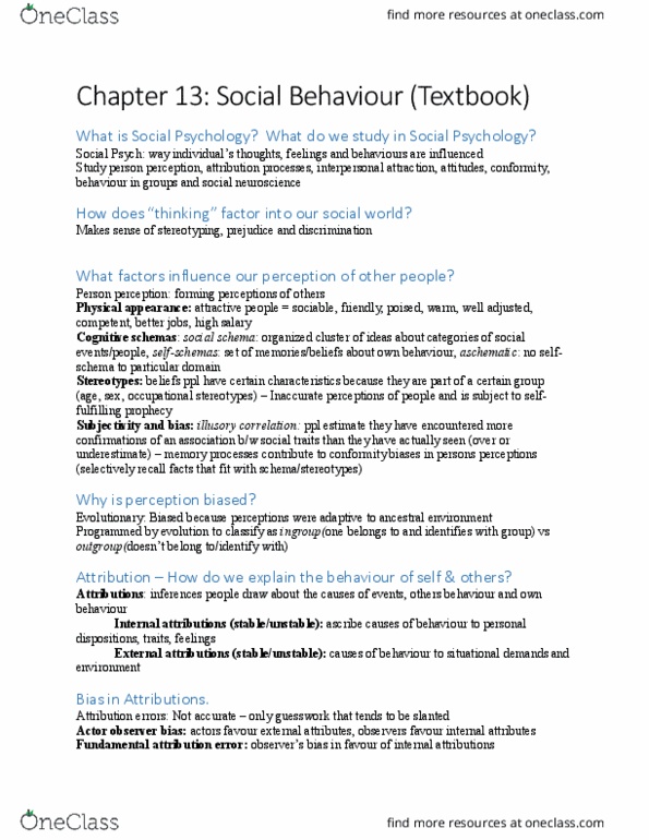 PSYC 1002 Chapter Notes - Chapter 13: Fundamental Attribution Error, Interpersonal Attraction, Social Perception thumbnail