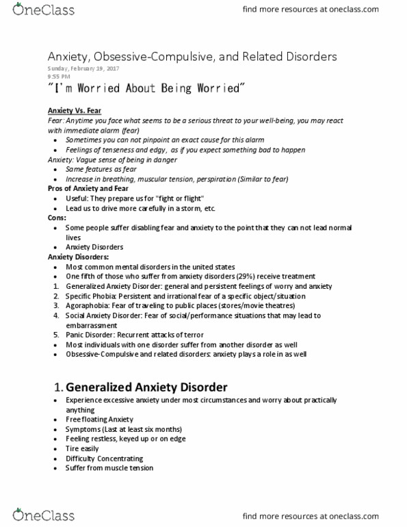 PSYCH 215 Chapter Notes - Chapter 4.1: Generalized Anxiety Disorder, Social Anxiety Disorder, Cognitive Therapy thumbnail