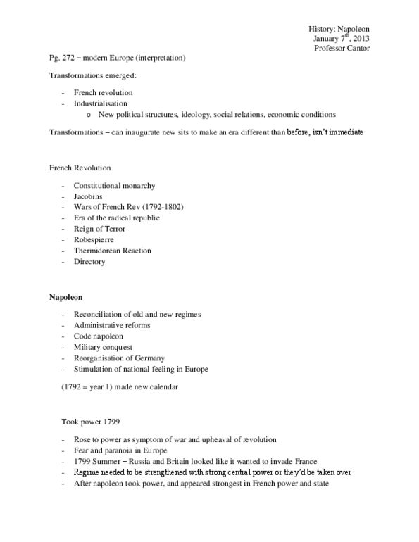 HIS109Y1 Lecture Notes - Bourgeoisie, Thermidorian Reaction, Napoleonic Code thumbnail