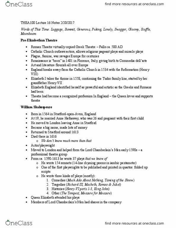 THEA 100 Lecture Notes - Lecture 16: Shakespeare'S Sonnets, Mystery Play, Shrew thumbnail