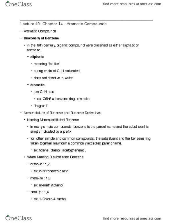 CHEM 213 Lecture Notes - Lecture 9: Benzene, Phenyl Group, Aliphatic Compound thumbnail