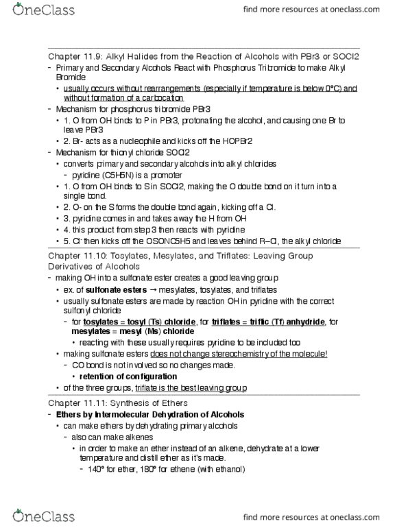 CHEM 213 Chapter Notes - Chapter 11.9-11.11: Sulfonyl Halide, Thionyl Chloride, Organochloride thumbnail