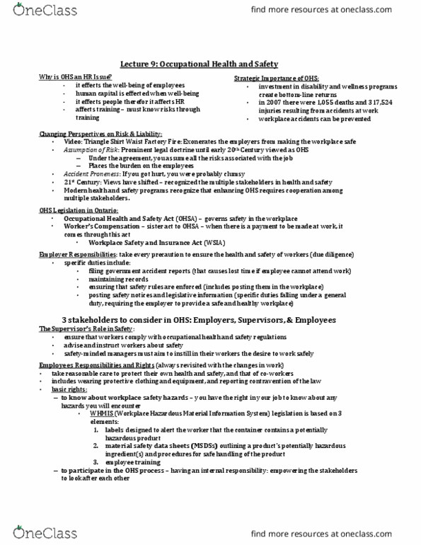 MHR 523 Lecture Notes - Lecture 9: Safety Data Sheet, Workplace Harassment, Workplace Violence thumbnail