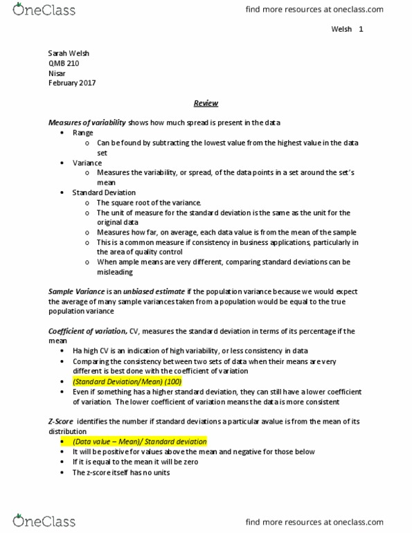 QMB-210 Lecture Notes - Lecture 13: Standard Deviation, Data Point thumbnail