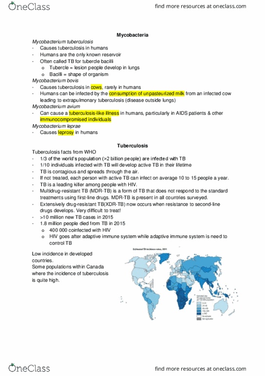 Microbiology and Immunology 2500A/B Lecture Notes - Lecture 11: Miliary Tuberculosis, Mycobacterium Tuberculosis, Mycobacterium Bovis thumbnail